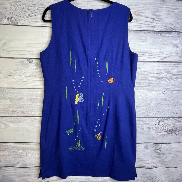 VTG 90s Ultra Dress 14 Linen Blend Fish Embroidered‎ Sleeveless Blue Nautical - Picture 11 of 16